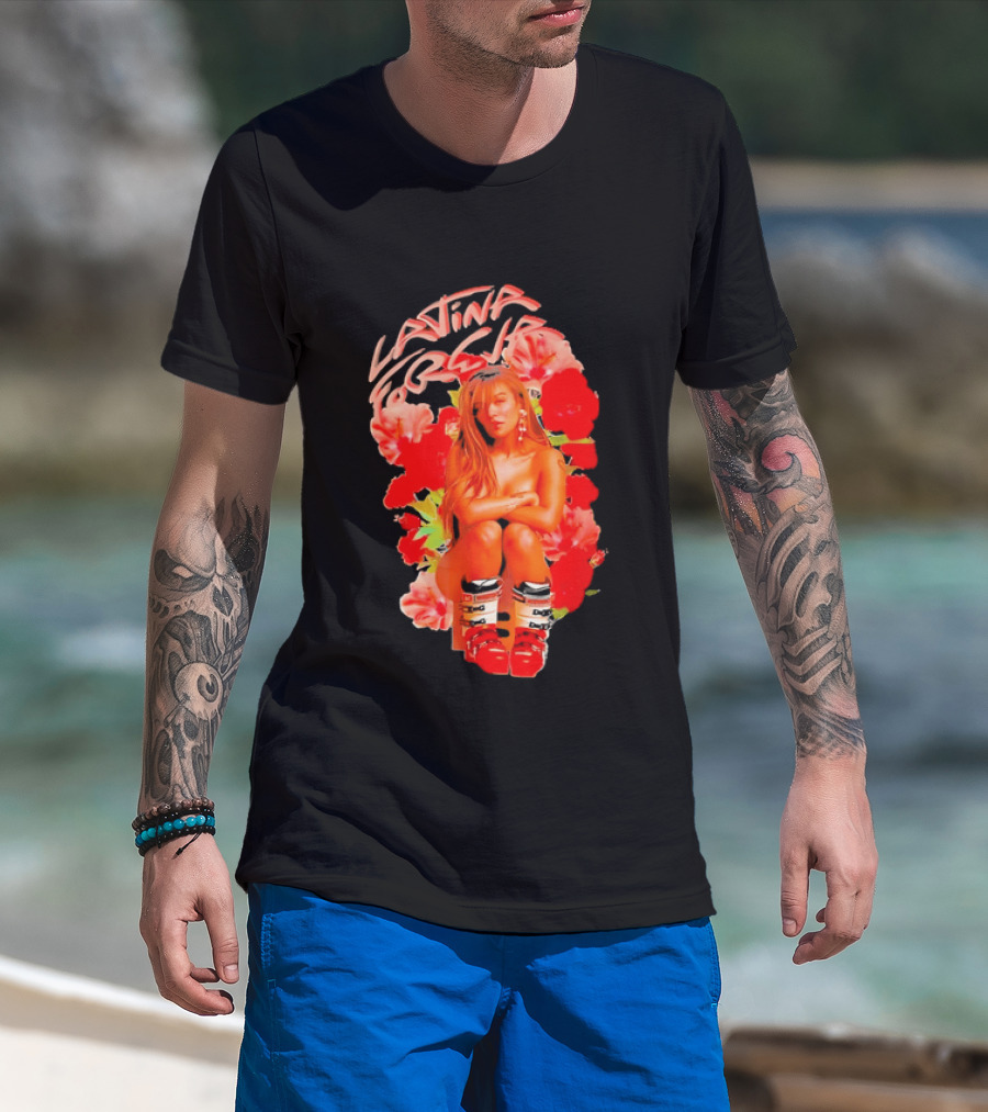 Latina Forever Woman Surrounded By Red Hibiscus With Ski Boots T-Shirt