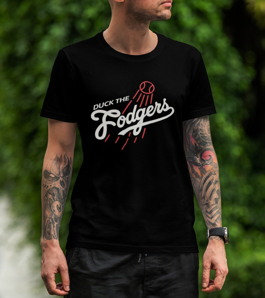 Duck The Fodgers White Script Flying Baseball Red Motion Lines T-Shirt