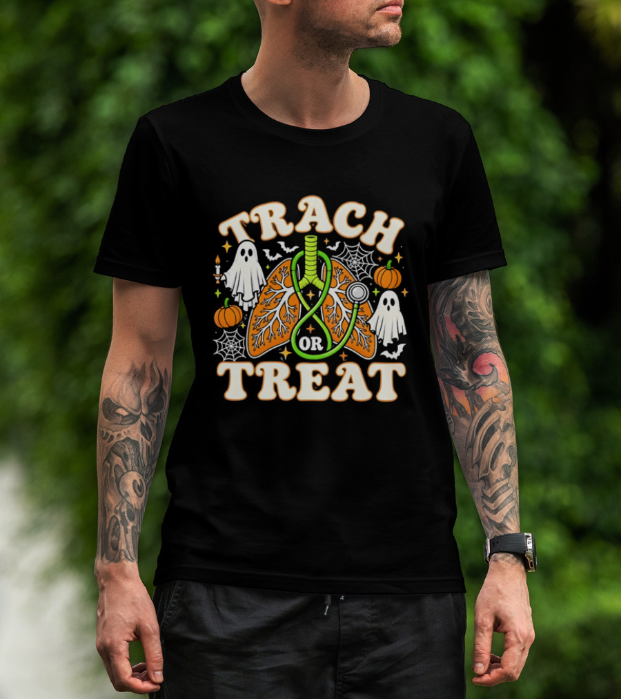 Trach Or Treat Lungs Stethoscope Ghosts Pumpkins Spider Webs Halloween Cartoon T-Shirt