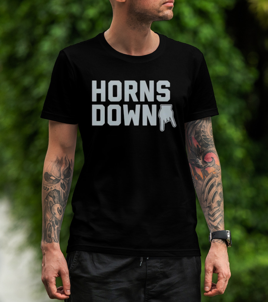 Horns Down Hand Gesture Block Lettering Pointing Finger Sign T-Shirt