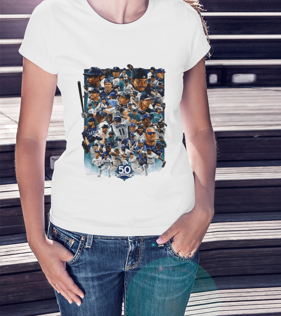 Seattle Mariners 50 Seasons Collage MLB Players Legends And Moments T-Shirt