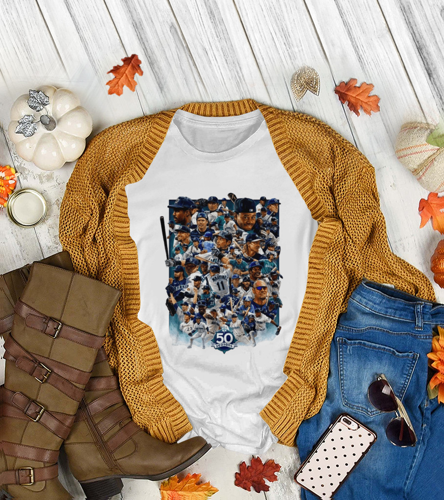 Seattle Mariners 50 Seasons Collage MLB Players Legends And Moments T-Shirt
