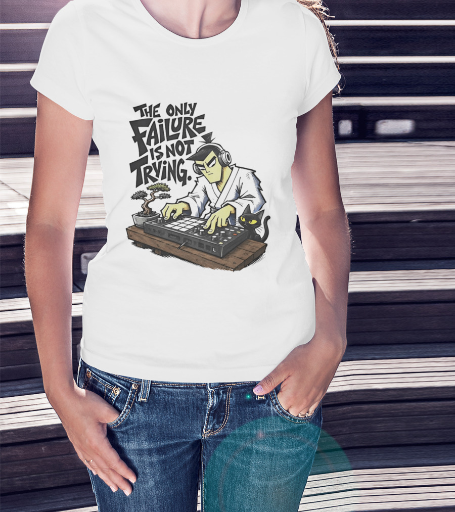 The Only Failure Is Not Trying Samurai DJ With Cat And Bonsai T-Shirt