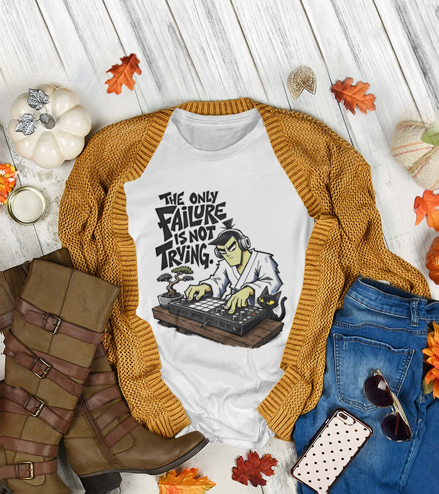 The Only Failure Is Not Trying Samurai DJ With Cat And Bonsai T-Shirt