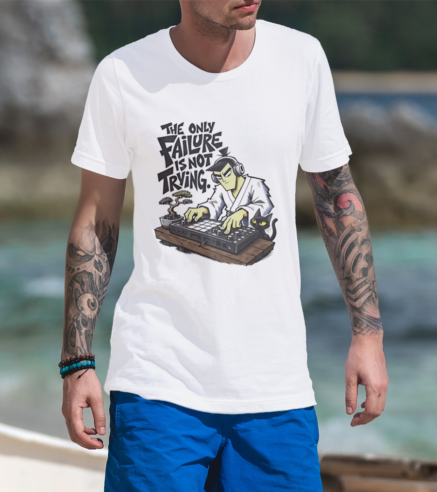 The Only Failure Is Not Trying Samurai DJ With Cat And Bonsai T-Shirt