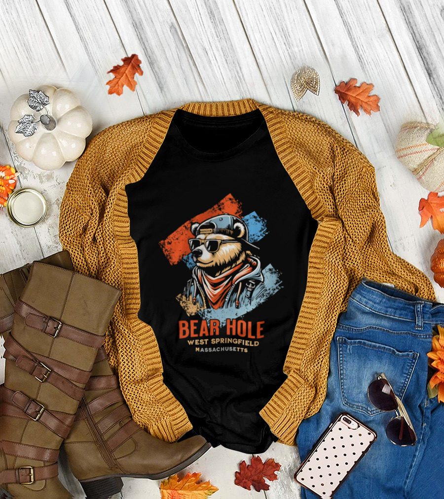 Bear Hole West Springfield Massachusetts Bear Wearing Sunglasses Cap Bandana Distressed T-Shirt