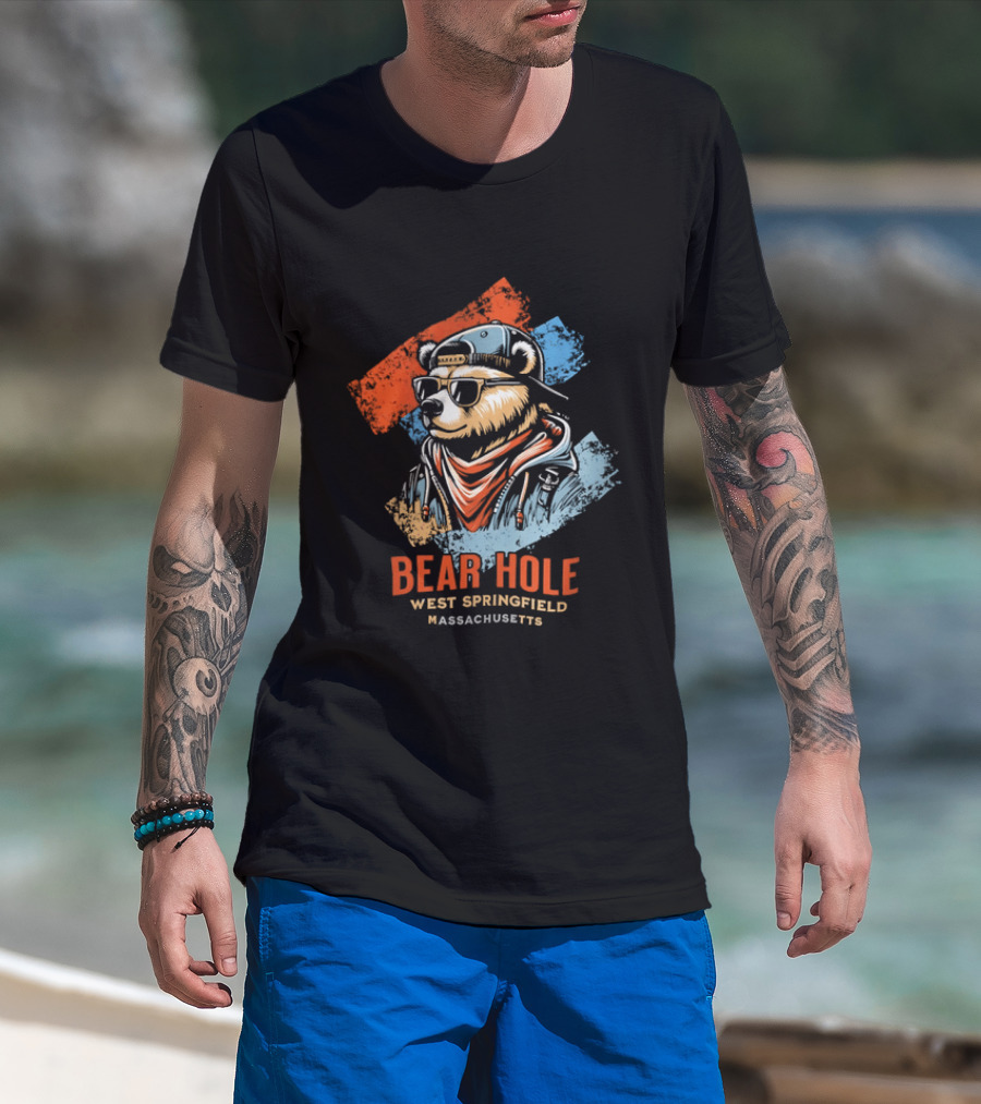 Bear Hole West Springfield Massachusetts Bear Wearing Sunglasses Cap Bandana Distressed T-Shirt