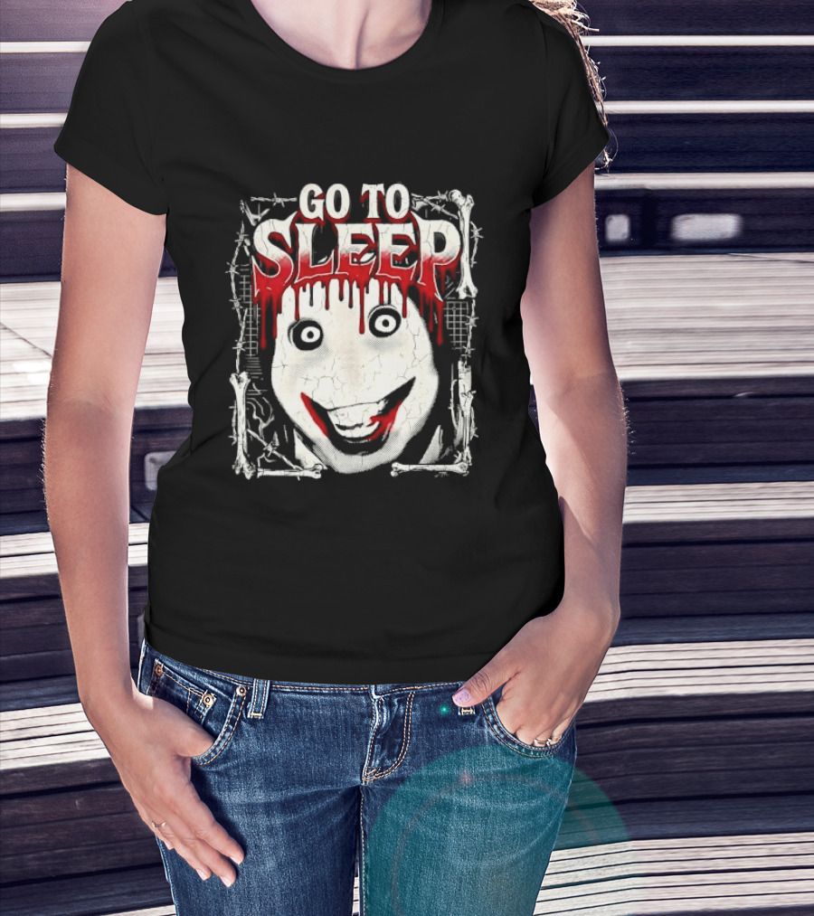 Go To Sleep Creepy Pale Face Bloody Smile Barbed Wire Bones T-Shirt