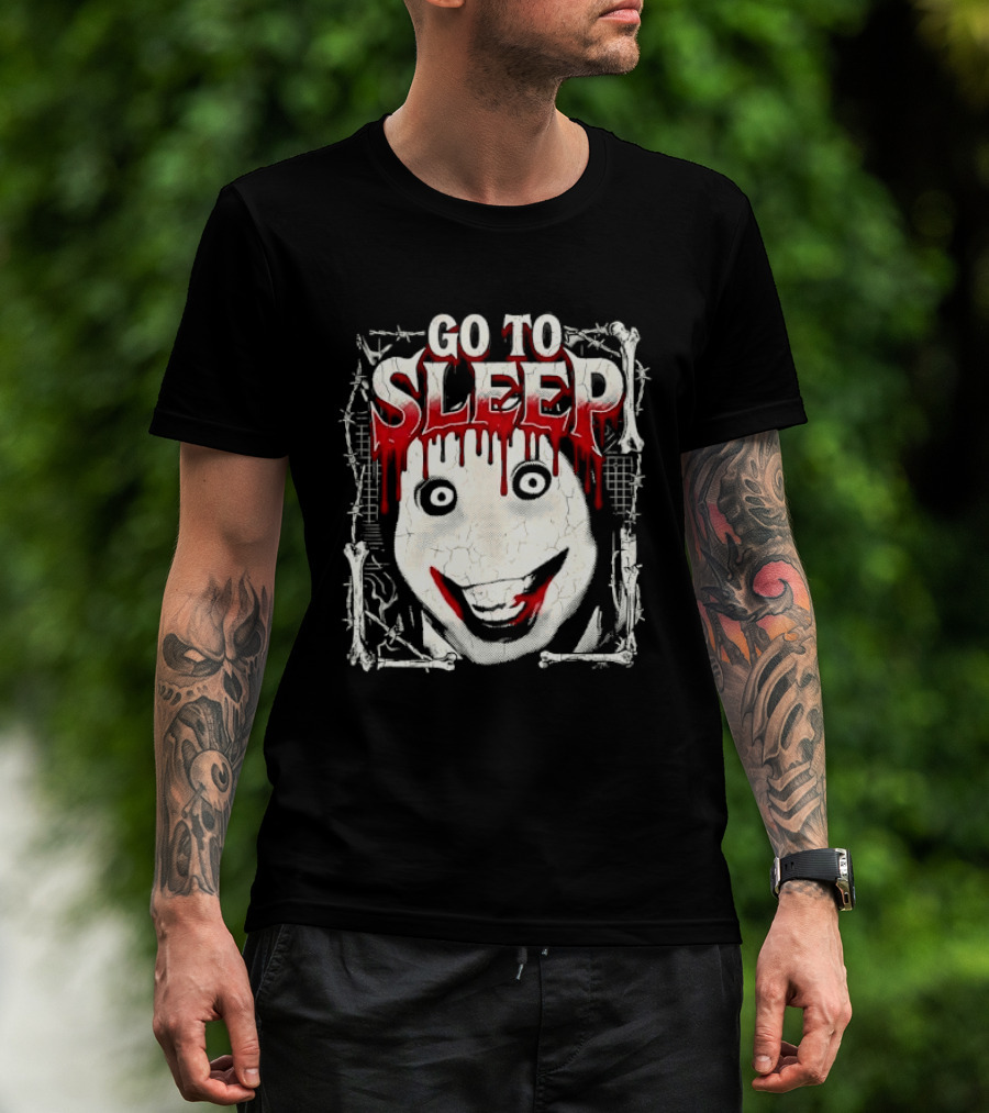 Go To Sleep Creepy Pale Face Bloody Smile Barbed Wire Bones T-Shirt