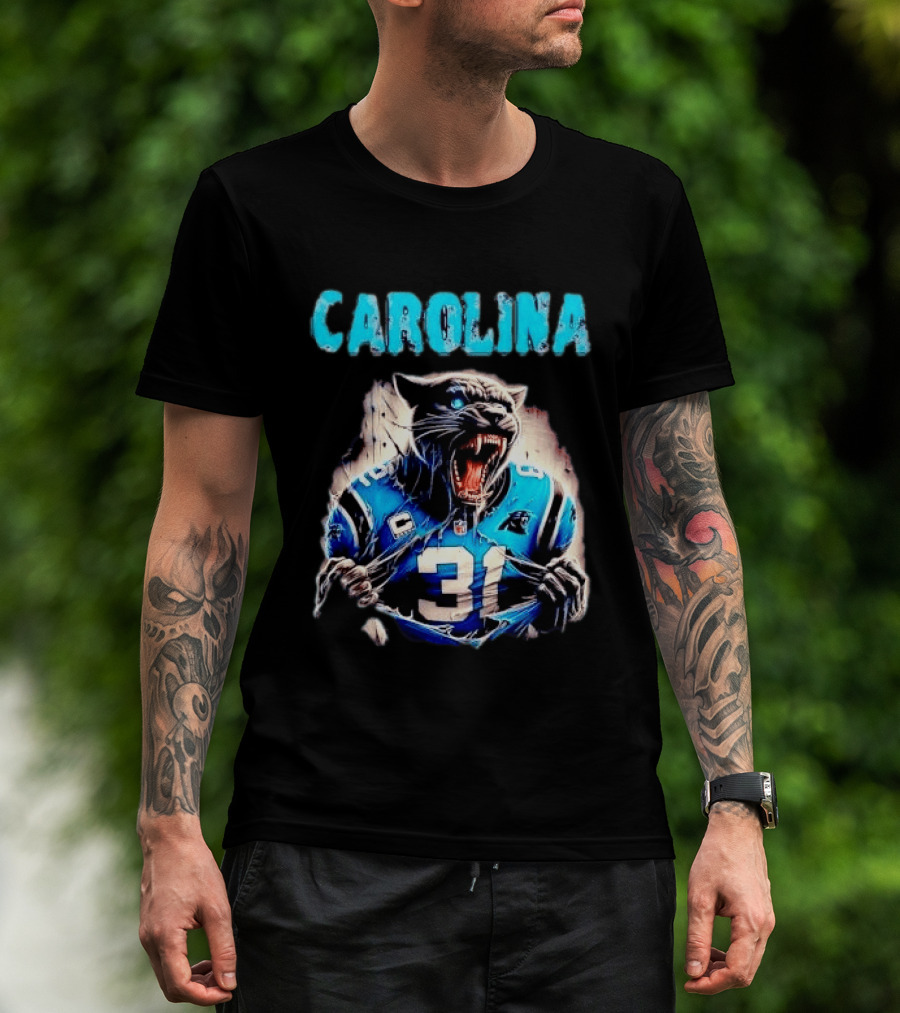 Carolina Panthers Snarling Beast Tearing Blue Jersey 31 T-Shirt