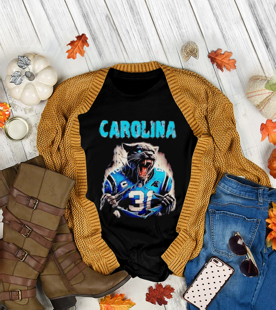 Carolina Panthers Snarling Beast Tearing Blue Jersey 31 T-Shirt