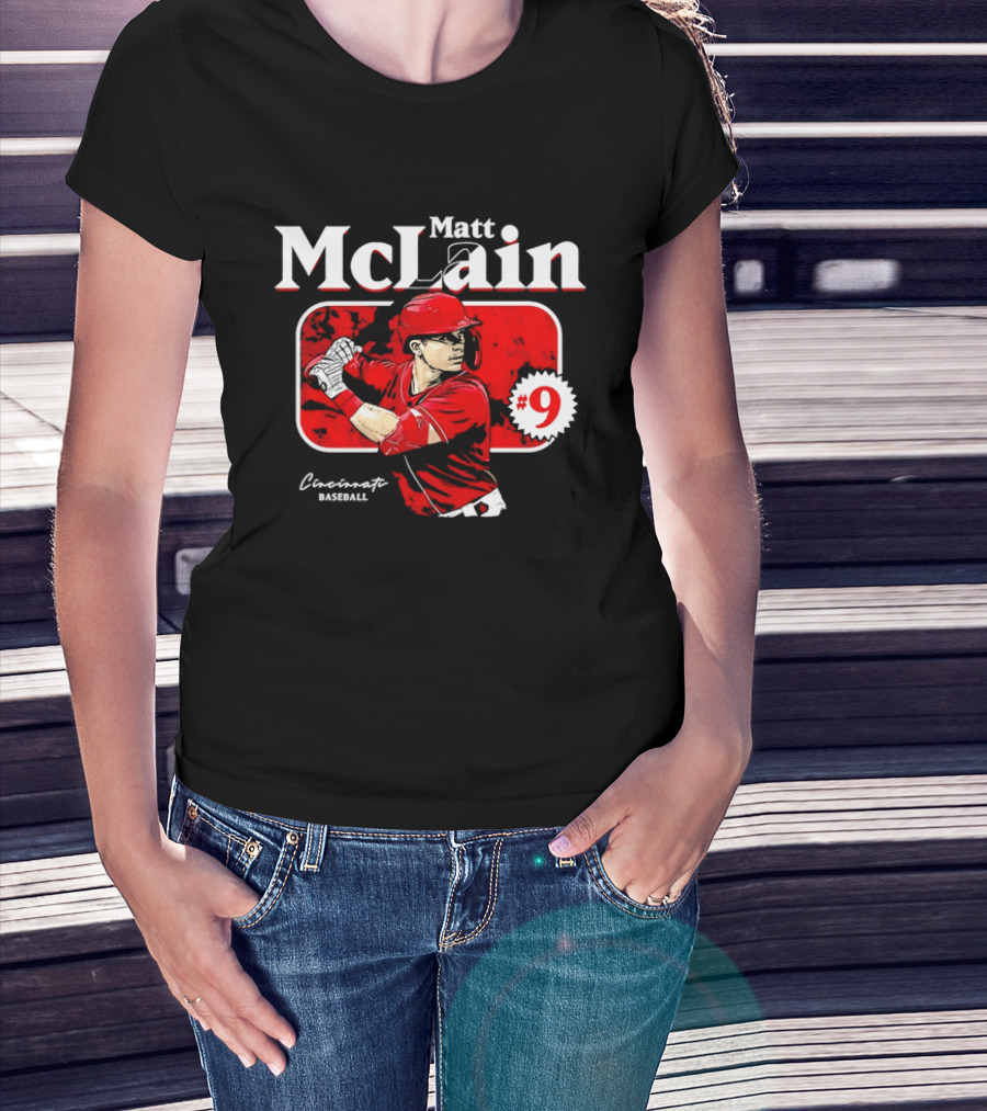 Matt McLain Cincinnati Baseball Number 9 Batter Stance Red Frame T-Shirt