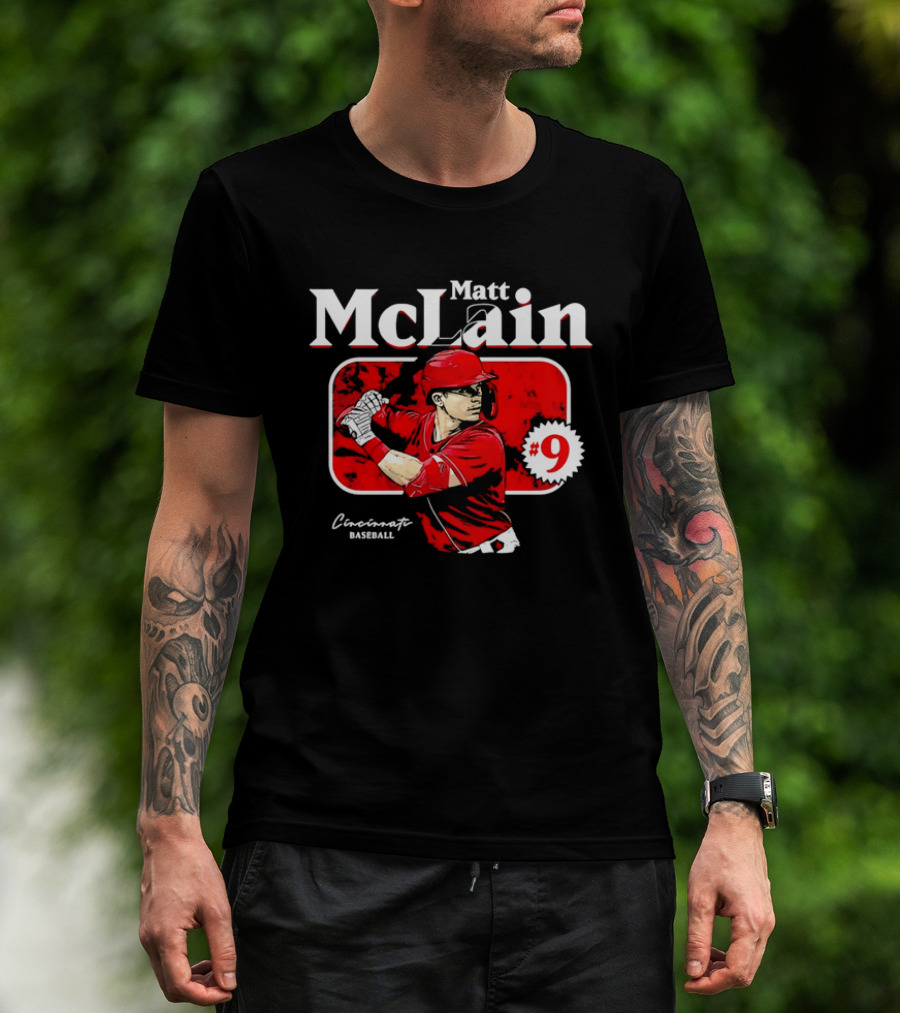 Matt McLain Cincinnati Baseball Number 9 Batter Stance Red Frame T-Shirt