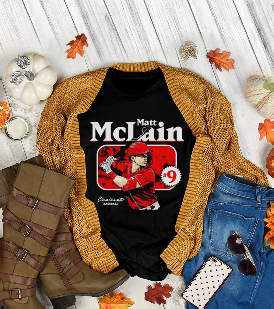 Matt McLain Cincinnati Baseball Number 9 Batter Stance Red Frame T-Shirt