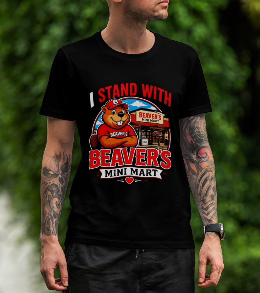 I Stand With Beaver's Mini Mart Cartoon Character Storefront T-Shirt