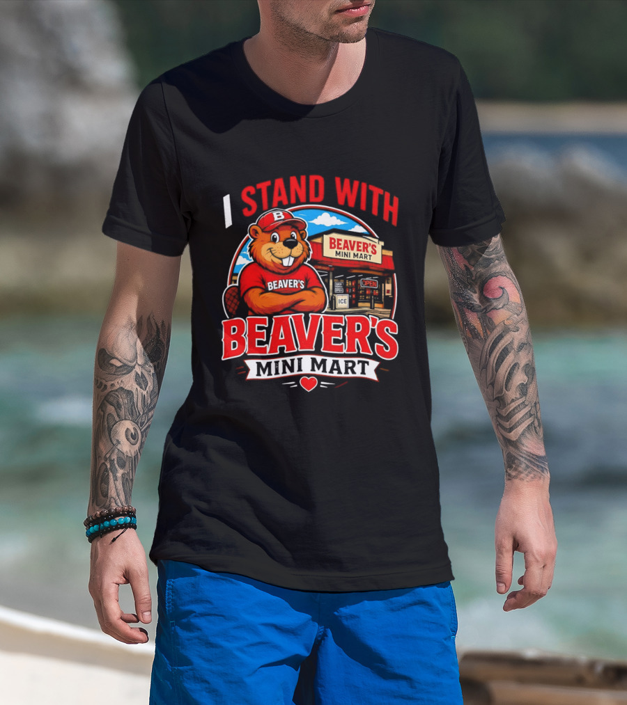 I Stand With Beaver's Mini Mart Cartoon Character Storefront T-Shirt
