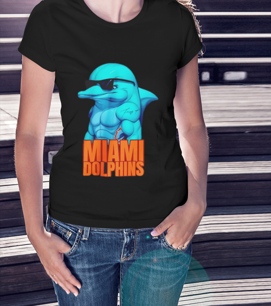 Miami Dolphins Fins Up Muscular Cartoon Sunglasses Tattoo T-Shirt