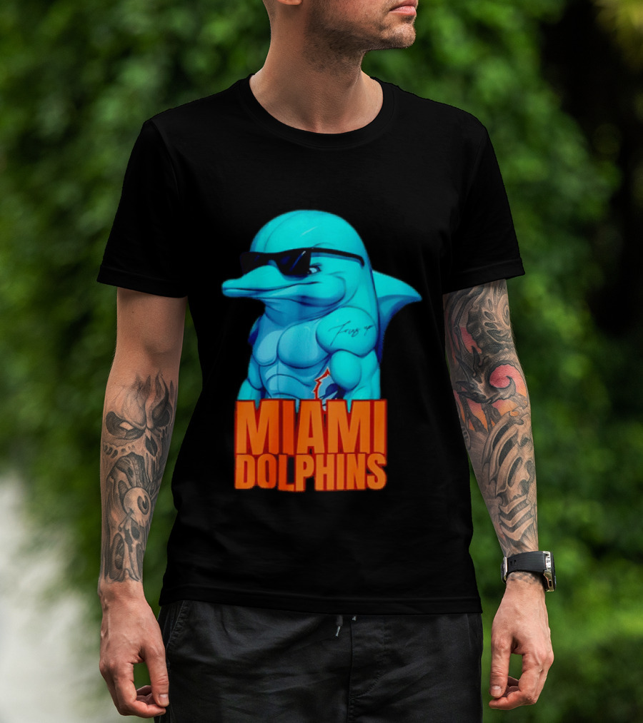 Miami Dolphins Fins Up Muscular Cartoon Sunglasses Tattoo T-Shirt
