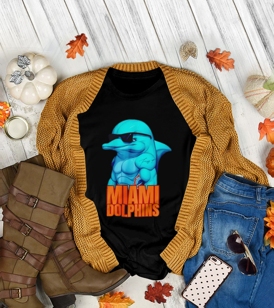 Miami Dolphins Fins Up Muscular Cartoon Sunglasses Tattoo T-Shirt