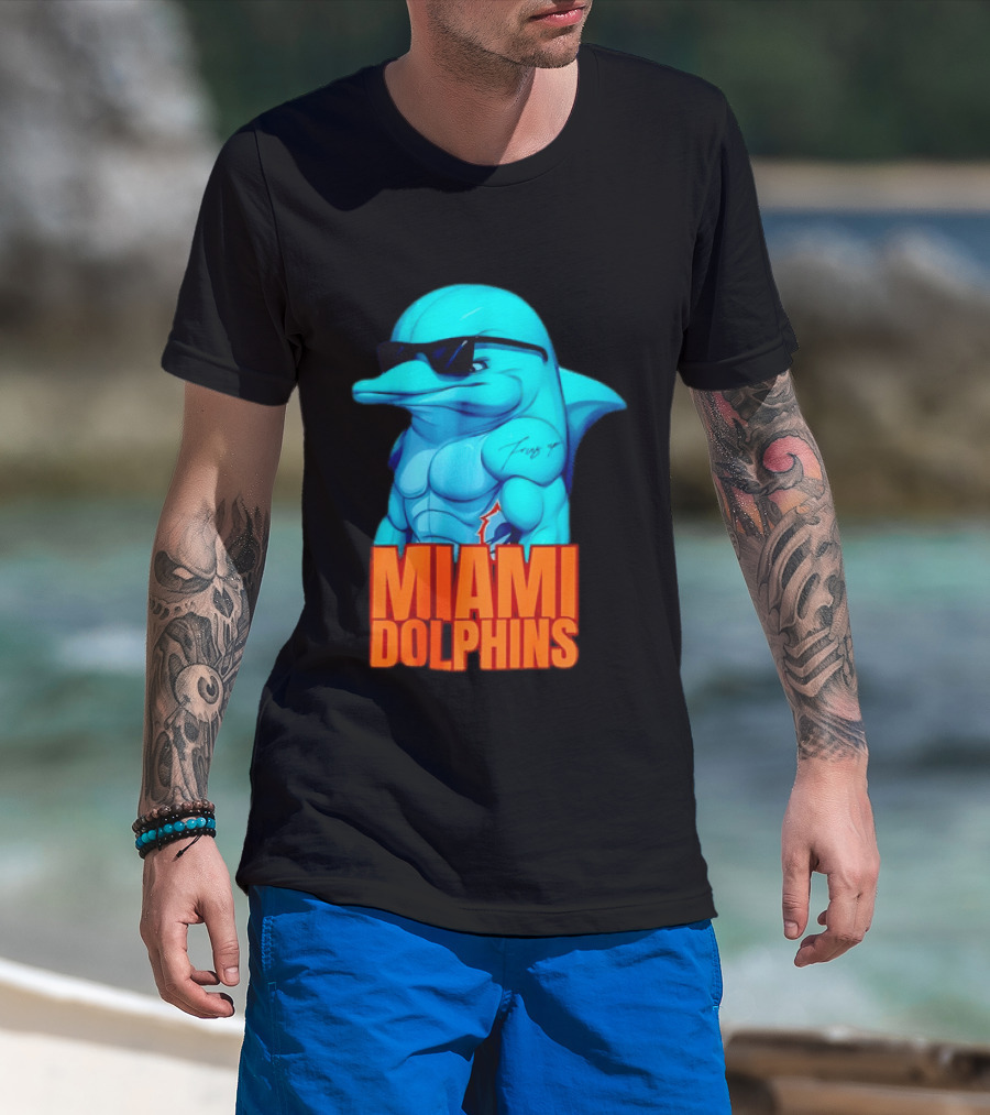 Miami Dolphins Fins Up Muscular Cartoon Sunglasses Tattoo T-Shirt