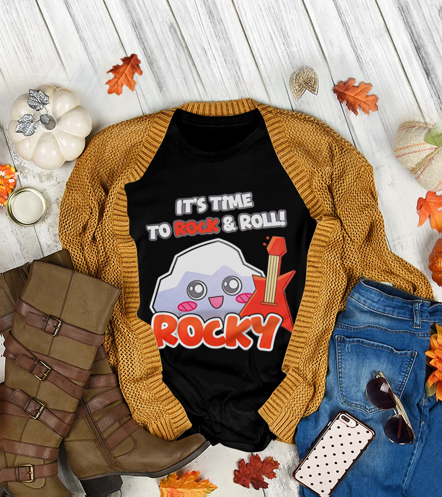 It's Time To Rock And Roll Rocky Rock With Guitar Cute Cartoon T-Shirt