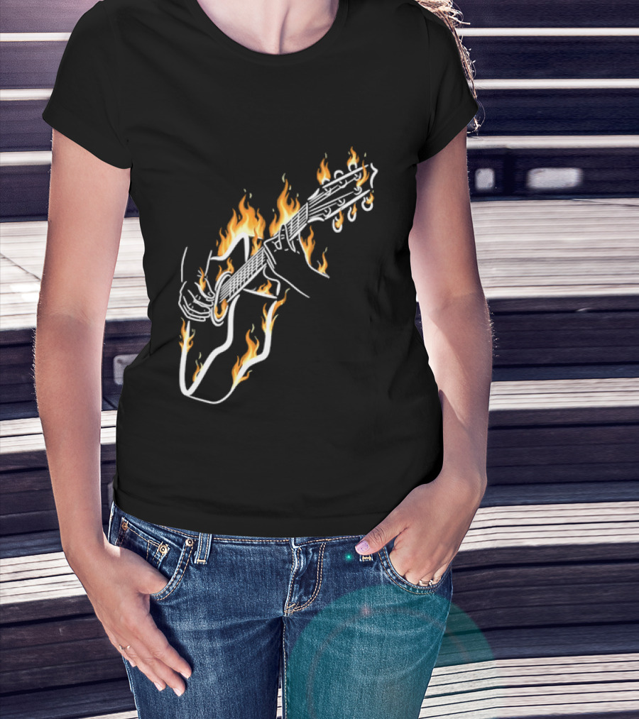 Musician Hands Flaming Acoustic Guitar White Line Artistry T-Shirt