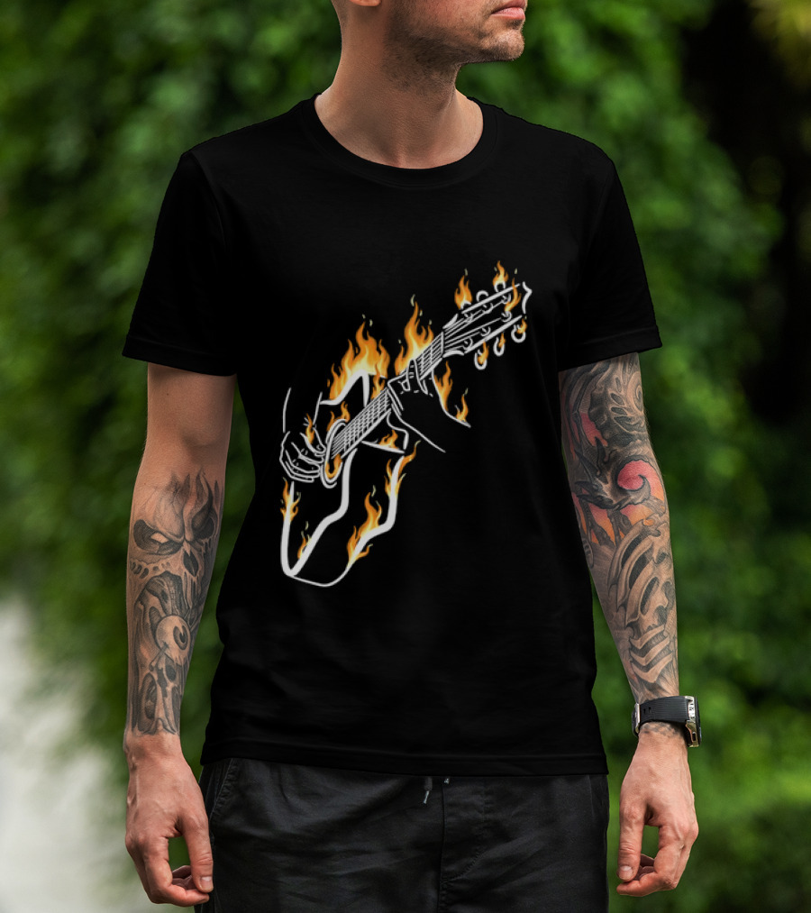 Musician Hands Flaming Acoustic Guitar White Line Artistry T-Shirt