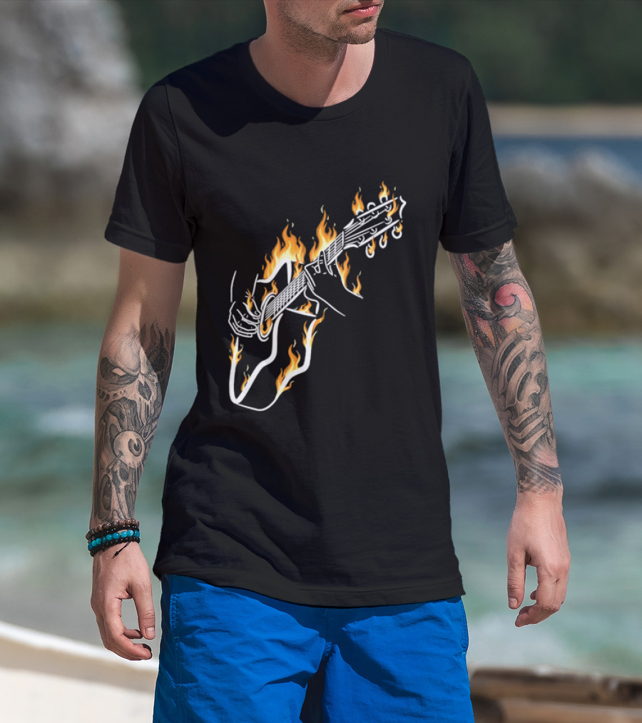 Musician Hands Flaming Acoustic Guitar White Line Artistry T-Shirt