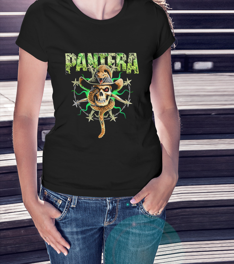 Pantera Rattlesnake Coiled Skull Cowboy Hat Green Glow T-Shirt