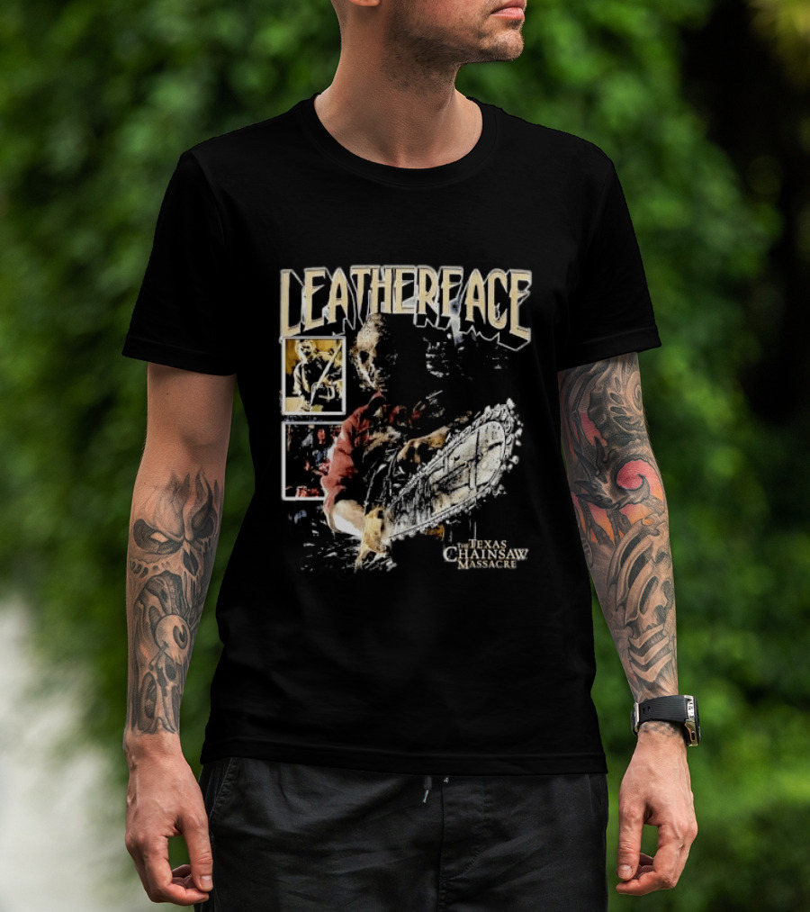 Leatherface Texas Chainsaw Massacre Horror Collage Holding Saw T-Shirt