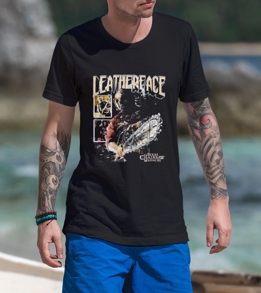 Leatherface Texas Chainsaw Massacre Horror Collage Holding Saw T-Shirt