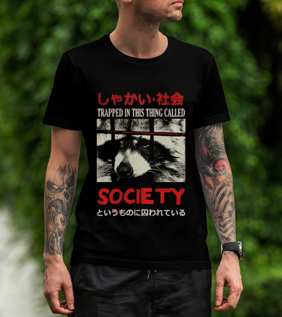Japanese Text Raccoon Trapped In This Thing Called Society T-Shirt