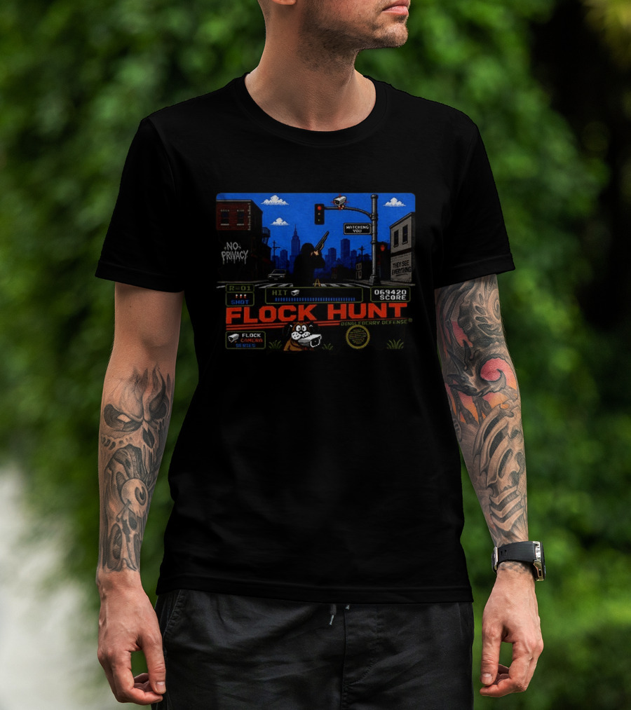 Flock Hunt Surveillance Camera Shooter Dog Video Game No Privacy Dingleberry Defense T-Shirt