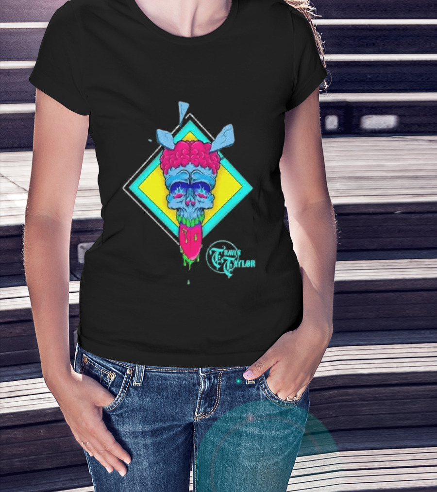 Travis Taylor Neon Skull Pink Brain Green Slime Tongue Diamond Geometric T-Shirt
