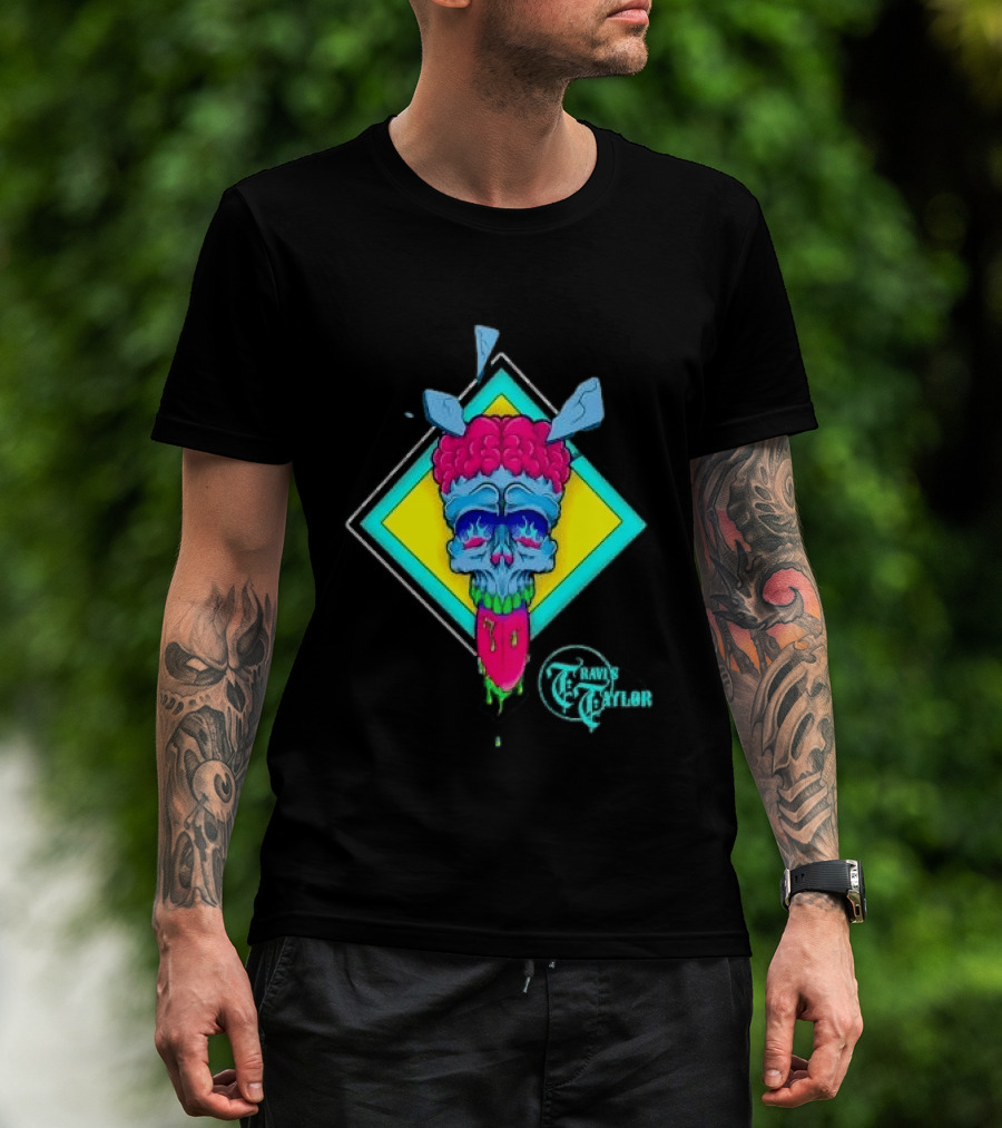 Travis Taylor Neon Skull Pink Brain Green Slime Tongue Diamond Geometric T-Shirt