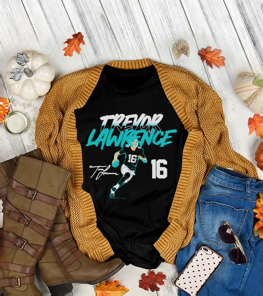 Trevor Lawrence No 16 Jaguars Signature Style Football 2026 T-Shirt