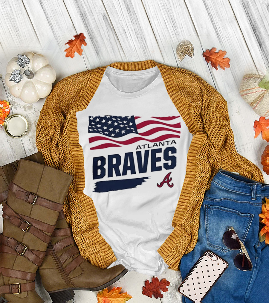 Atlanta Braves Waving American Flag Brushstroke MLB T-Shirt