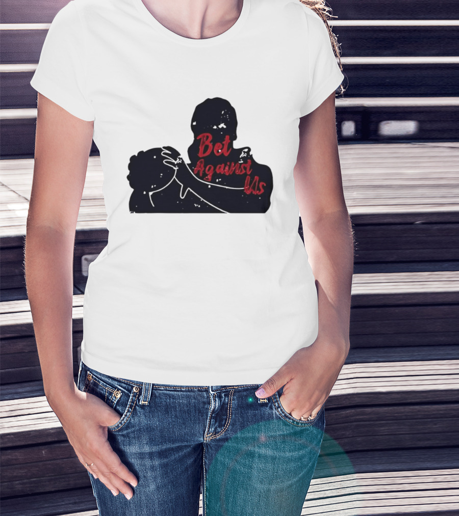 Bet Against Us Red Script Embracing Figures White Line T-Shirt