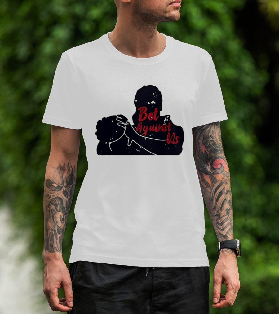 Bet Against Us Red Script Embracing Figures White Line T-Shirt