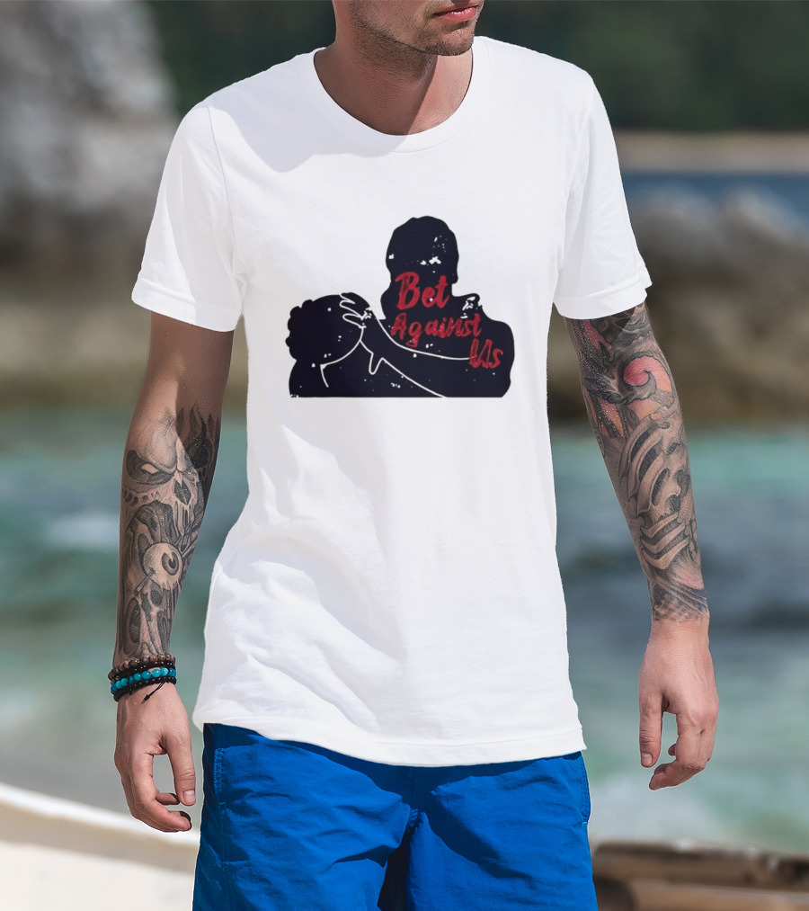 Bet Against Us Red Script Embracing Figures White Line T-Shirt