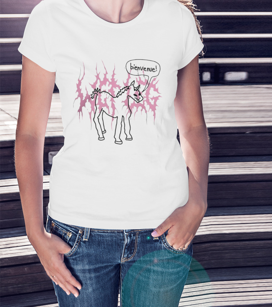 Bienvenue Cartoon Horned Unicorn Pink Flames T-Shirt