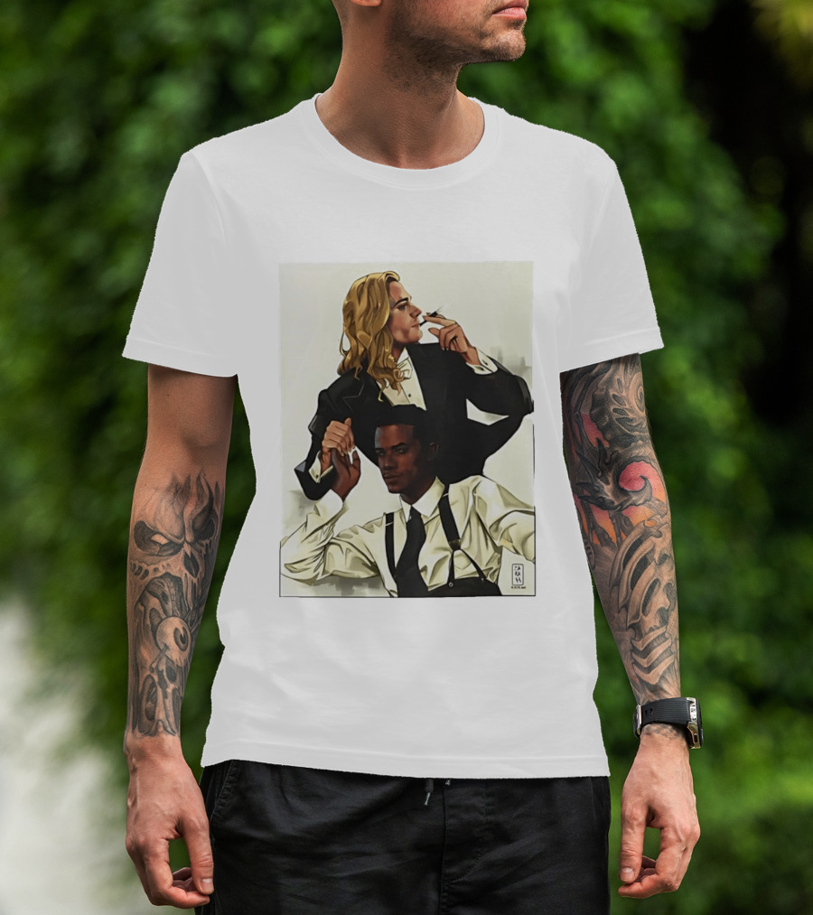 Blonde Tuxedo Smoking Dark Hair Suspenders Duo T-Shirt