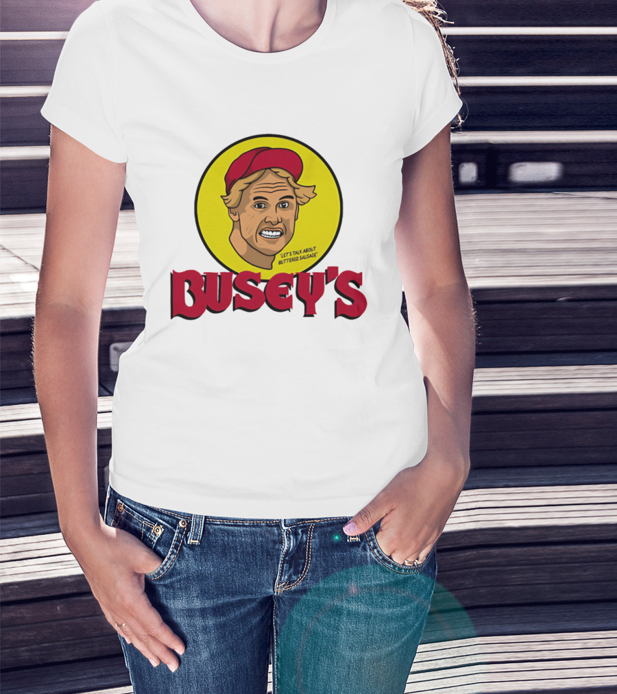 Busey's Let's Talk About Buttered Sausage Gary Busey Red Cap T-Shirt