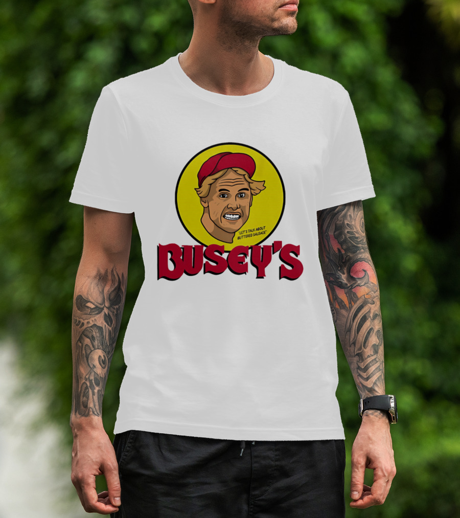 Busey's Let's Talk About Buttered Sausage Gary Busey Red Cap T-Shirt