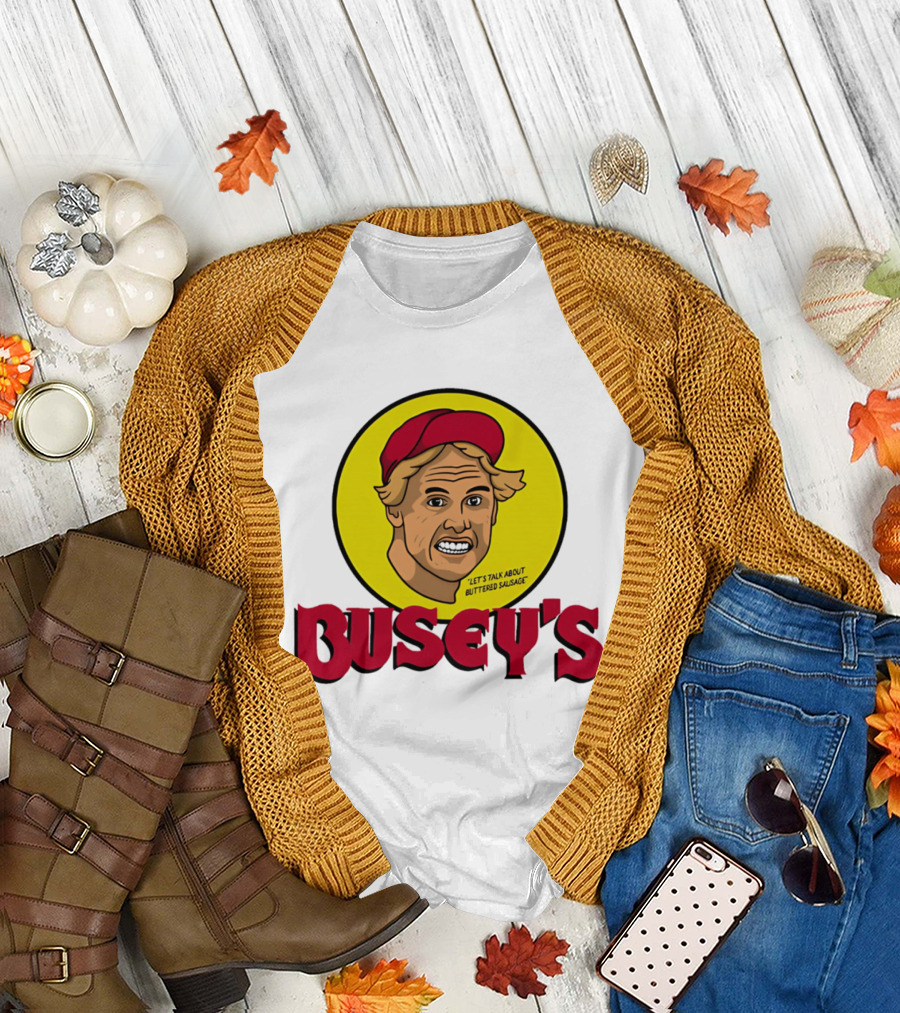 Busey's Let's Talk About Buttered Sausage Gary Busey Red Cap T-Shirt