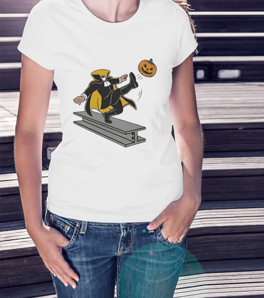 Cartoon Headless Horseman Kicking Jack O Lantern Pumpkin Steel Beam T-Shirt