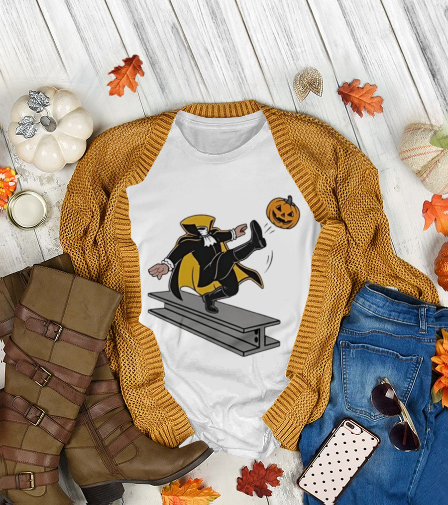 Cartoon Headless Horseman Kicking Jack O Lantern Pumpkin Steel Beam T-Shirt