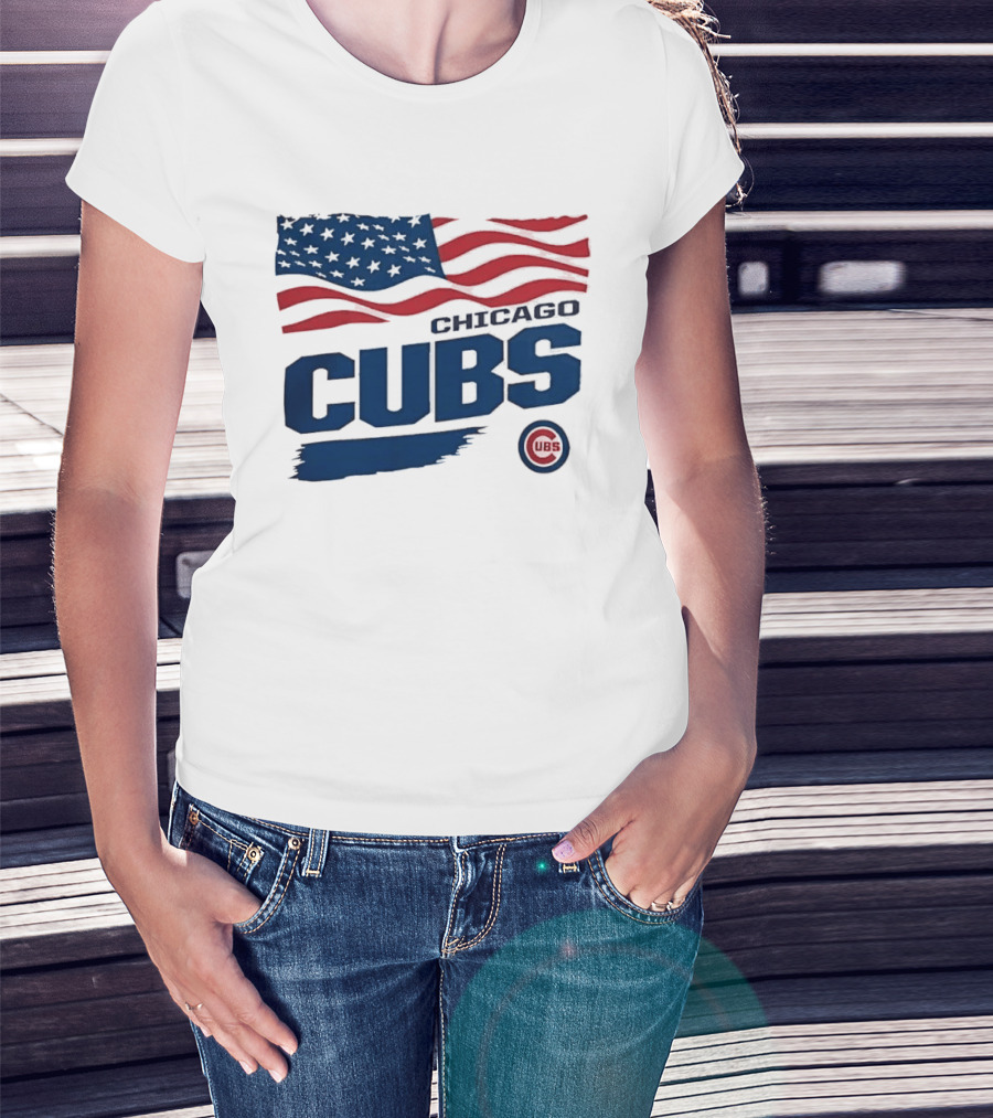 Chicago Cubs American Flag Waving Paint Brush Stroke MLB Cubs T-Shirt