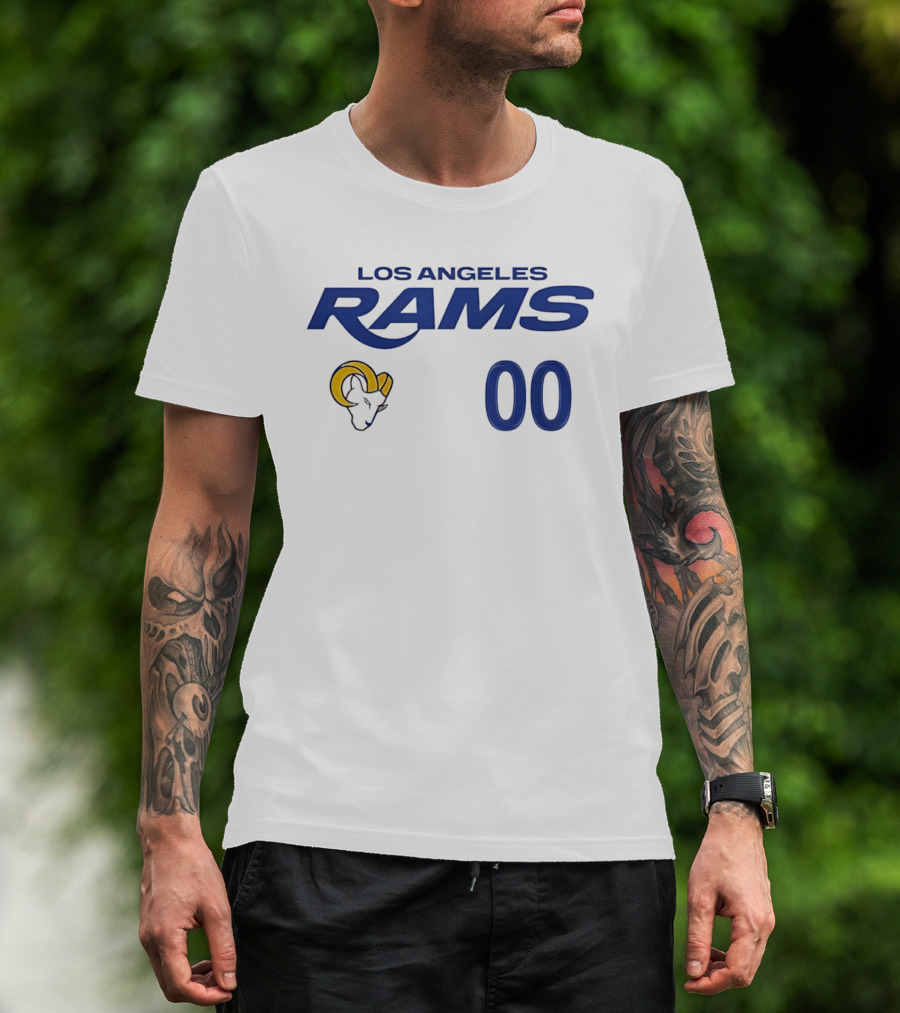 Los Angeles Rams Horned Head 00 Jersey Number Wordmark T-Shirt