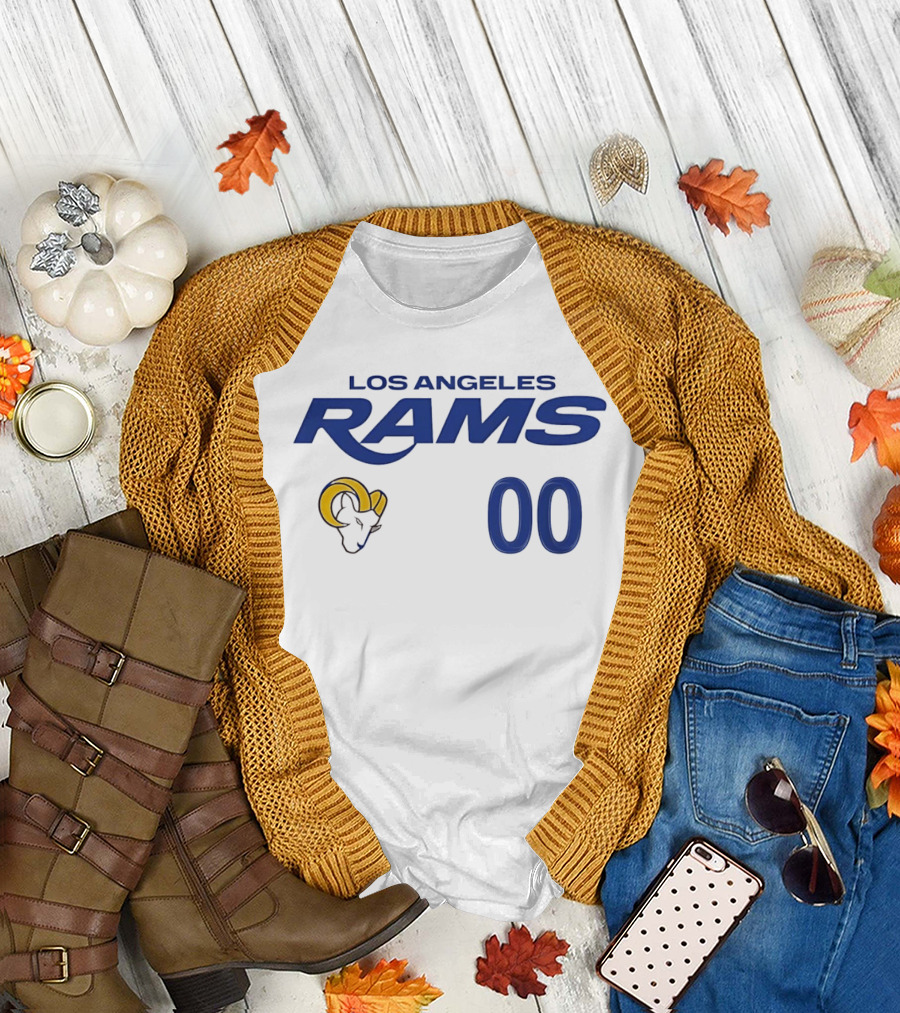 Los Angeles Rams Horned Head 00 Jersey Number Wordmark T-Shirt